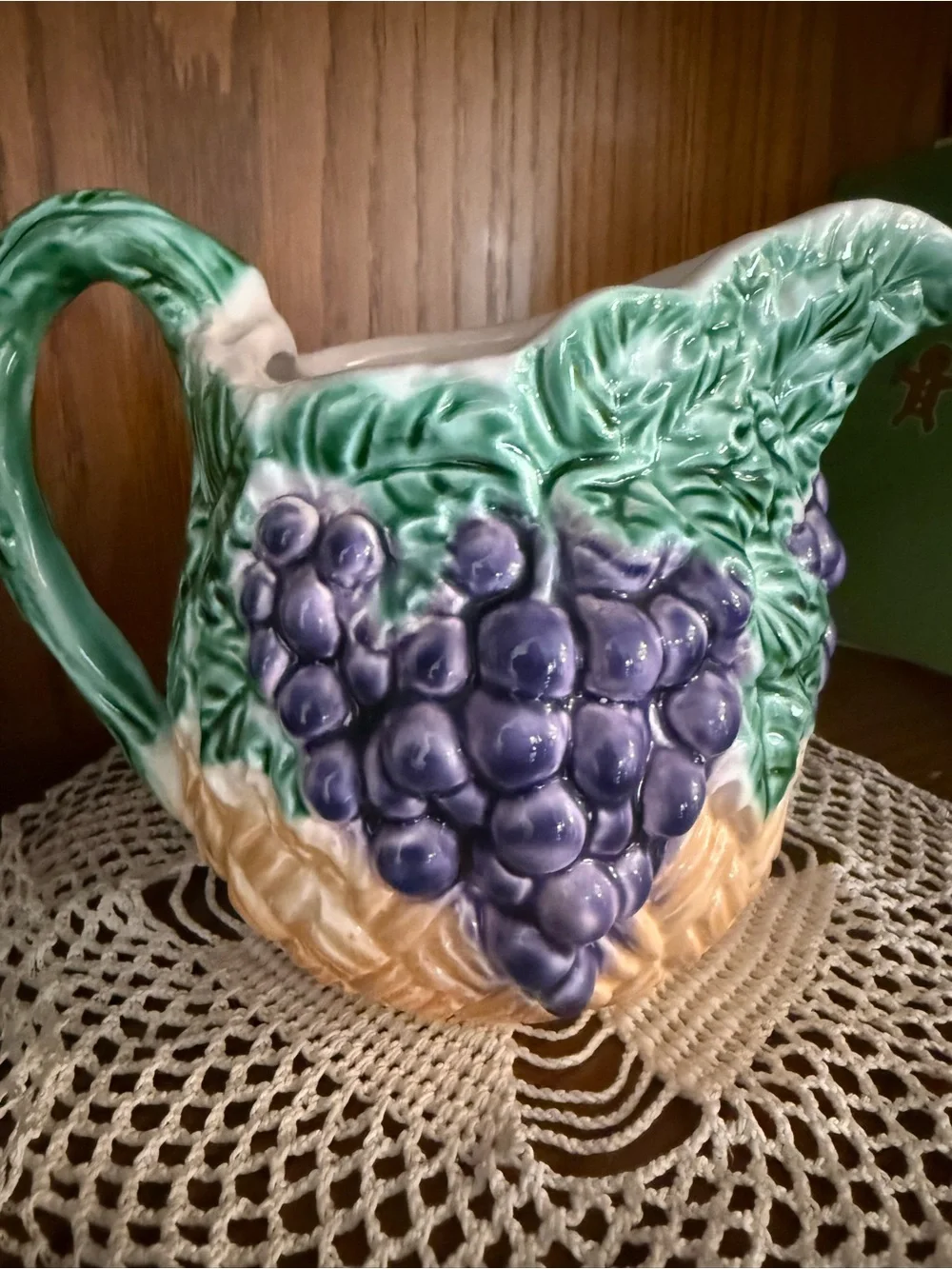 Hand-Painted Grape Ceramic Pitcher in Green, Purple and Tan
